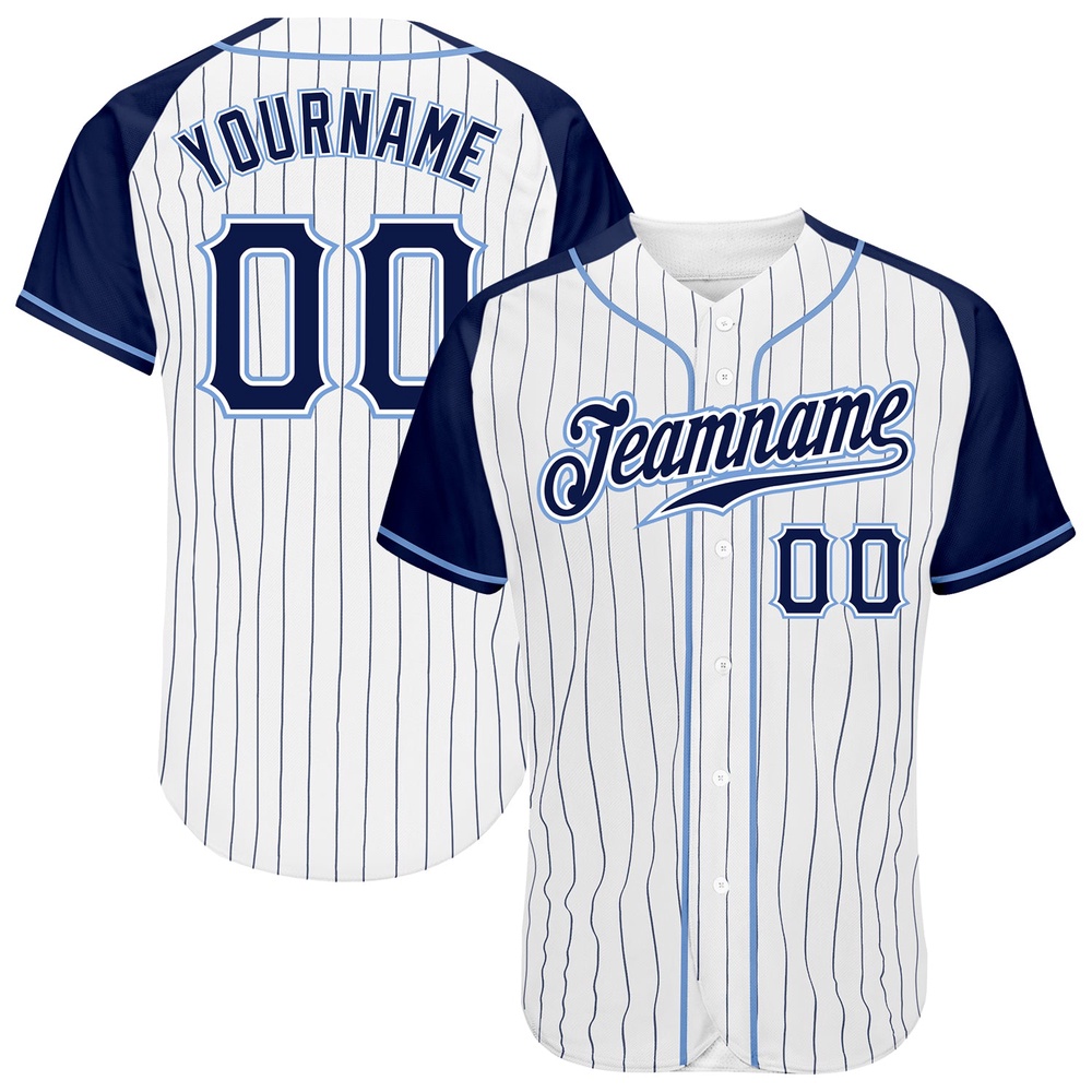 White Navy Pinstripe Navy-Light Blue Authentic Raglan Sleeves Baseball Jersey, Custom Baseball Jersey, Personalized Sport Jersey
