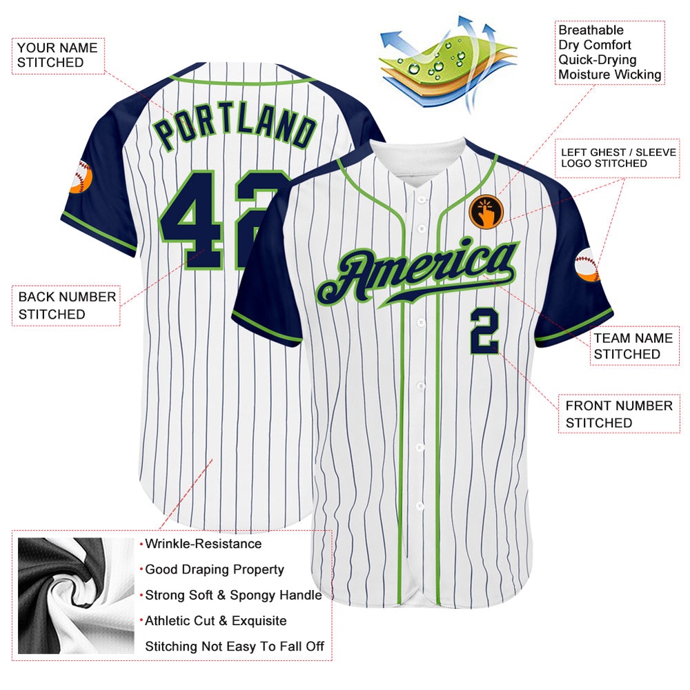 White Navy Pinstripe Navy-Neon Green Authentic Raglan Sleeves Baseball Jersey, Custom Baseball Jersey, Personalized Sport Jersey