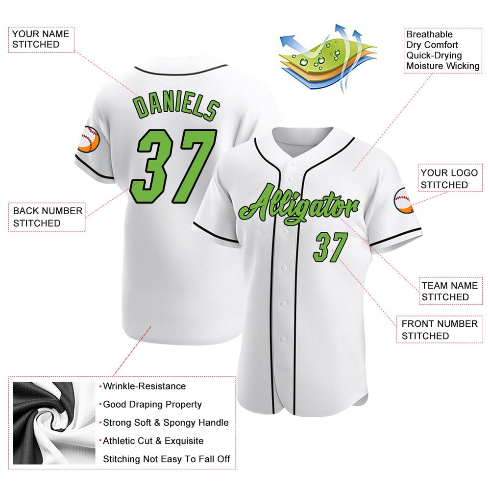 White Neon Green-Black Authentic Baseball Jersey, Custom Baseball Jersey, Personalized Sport Jersey