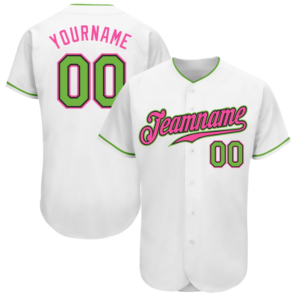 White Neon Green-Pink Authentic Baseball Jersey, Custom Baseball Jersey, Personalized Sport Jersey