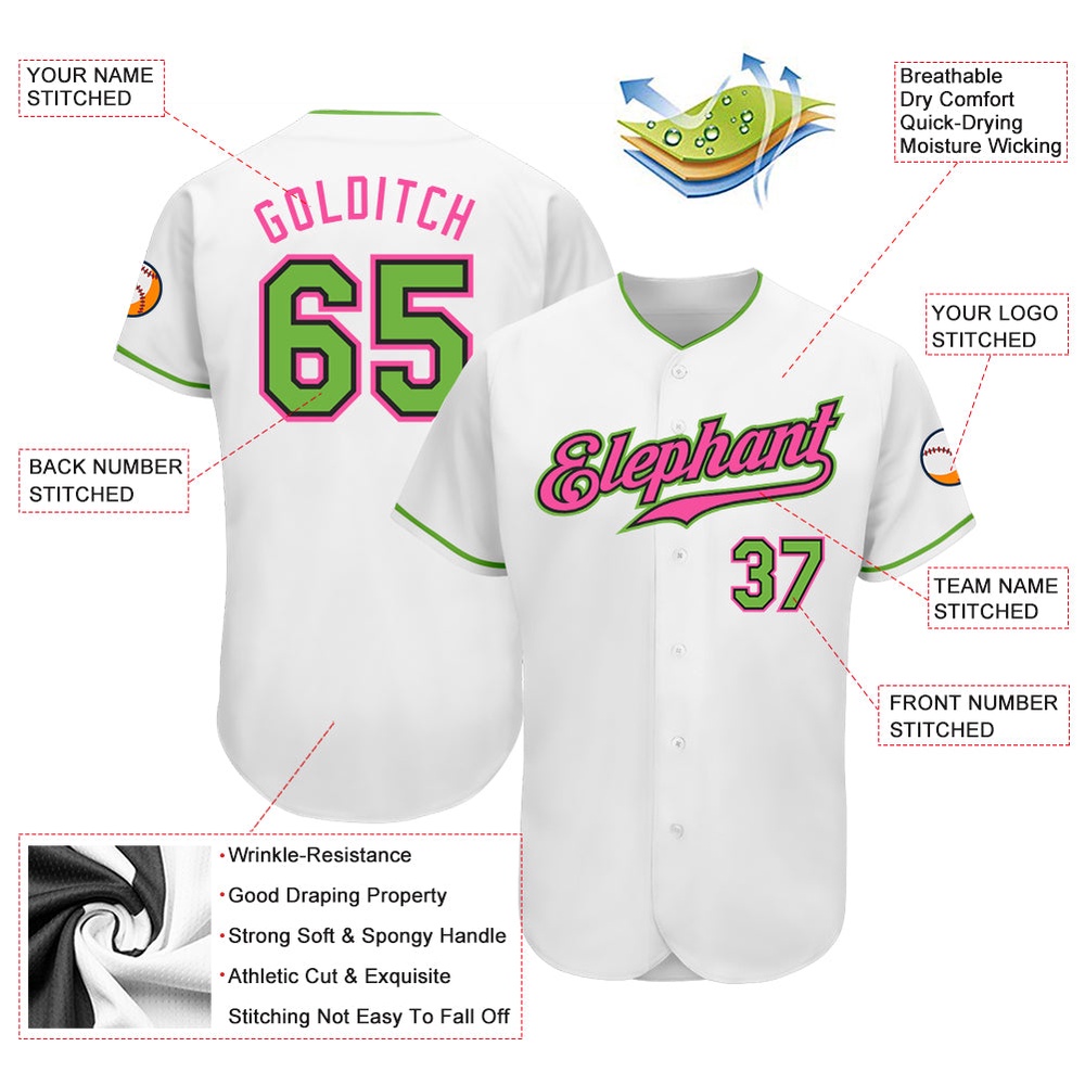 White Neon Green-Pink Authentic Baseball Jersey, Custom Baseball Jersey, Personalized Sport Jersey