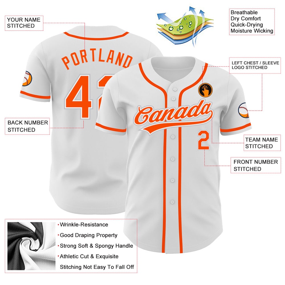 White Orange-Gray Authentic Baseball Jersey, Custom Baseball Jersey, Personalized Sport Jersey