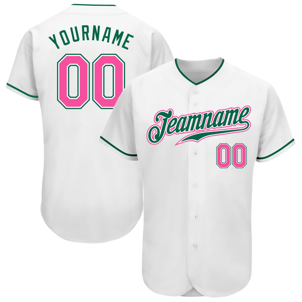White Pink-Kelly Green Authentic Baseball Jersey, Custom Baseball Jersey, Personalized Sport Jersey