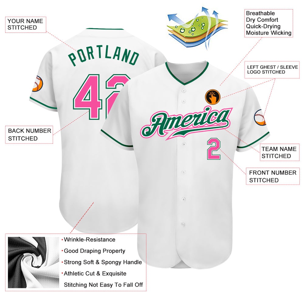 White Pink-Kelly Green Authentic Baseball Jersey, Custom Baseball Jersey, Personalized Sport Jersey