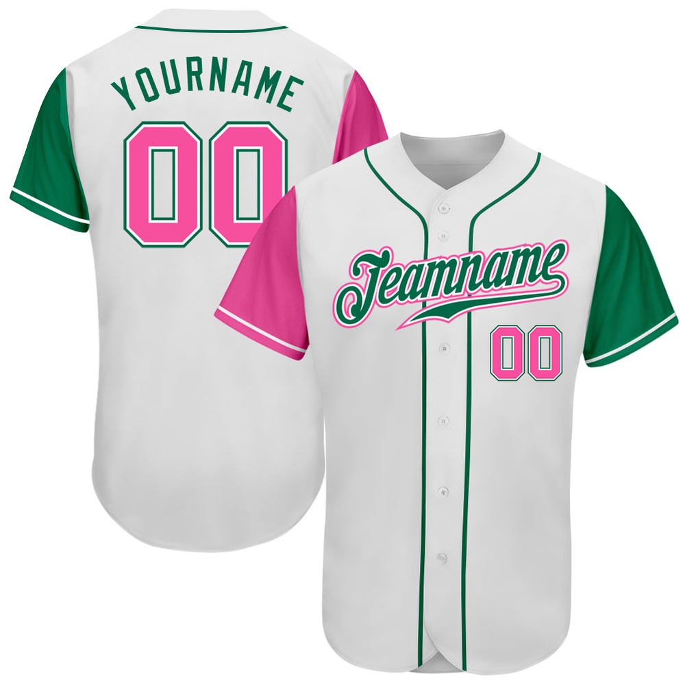 White Pink-Kelly Green Authentic Two Tone Baseball Jersey, Custom Baseball Jersey, Personalized Sport Jersey