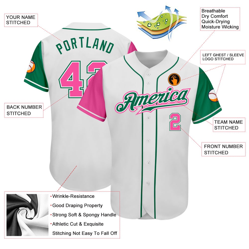 White Pink-Kelly Green Authentic Two Tone Baseball Jersey, Custom Baseball Jersey, Personalized Sport Jersey