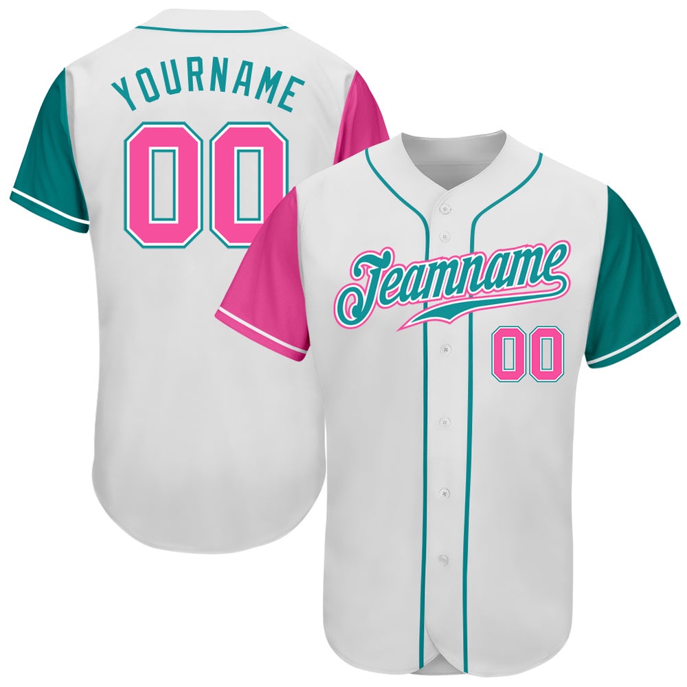 White Pink-Teal Authentic Two Tone Baseball Jersey, Custom Baseball Jersey, Personalized Sport Jersey