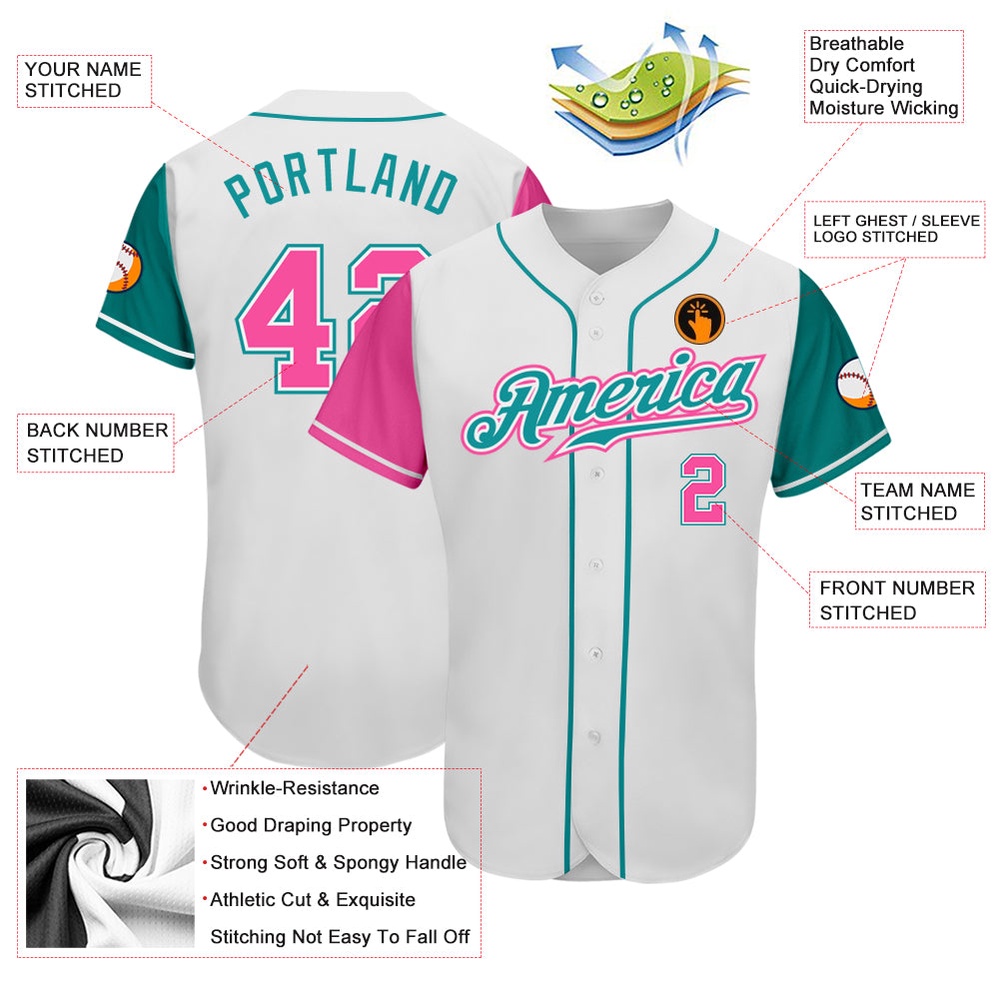White Pink-Teal Authentic Two Tone Baseball Jersey, Custom Baseball Jersey, Personalized Sport Jersey