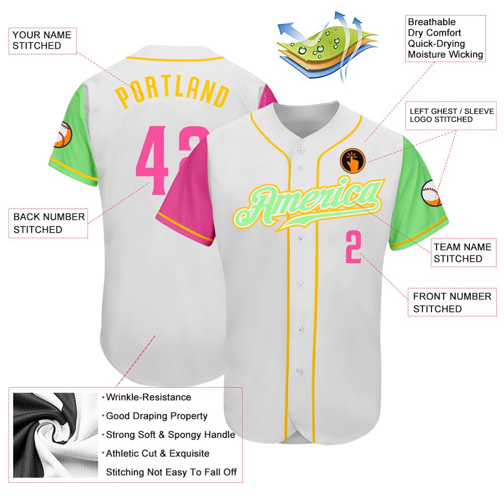 White Pink Pea Green-Gold Authentic Two Tone Baseball Jersey, Custom Baseball Jersey, Personalized Sport Jersey