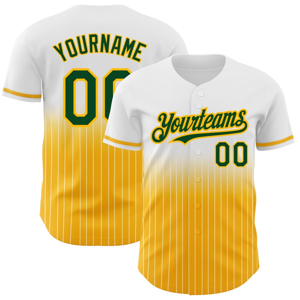 White Pinstripe Green-Gold Authentic Fade Fashion Baseball Jersey, Custom Baseball Jersey, Personalized Sport Jersey