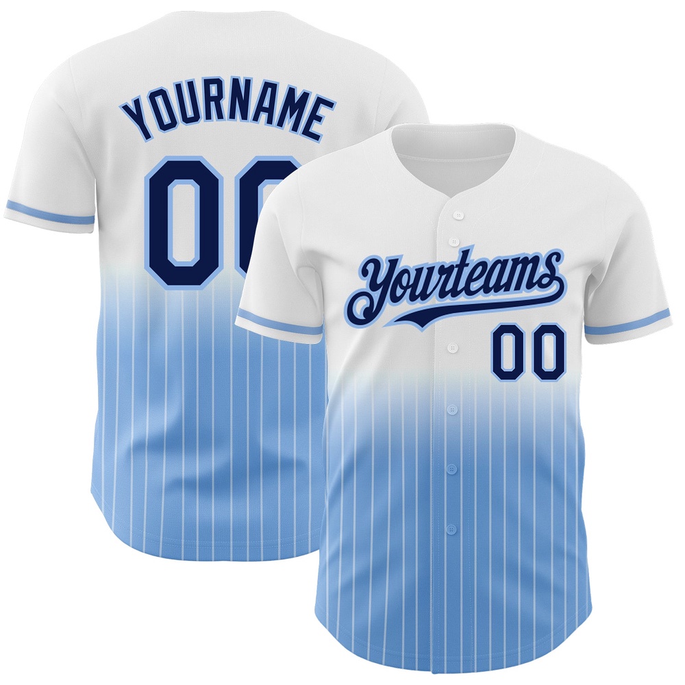 White Pinstripe Navy-Light Blue Authentic Fade Fashion Baseball Jersey, Custom Baseball Jersey, Personalized Sport Jersey
