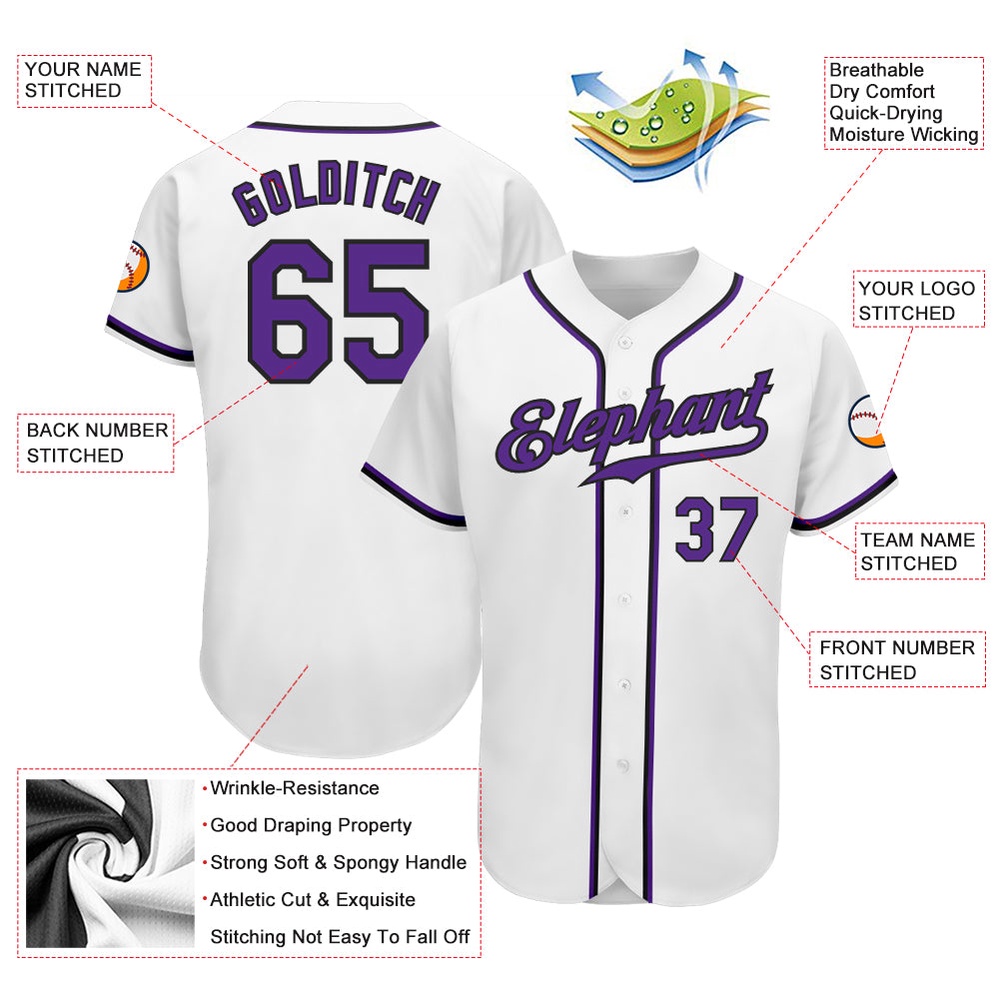 White Purple-Black Authentic Baseball Jersey, Custom Baseball Jersey, Personalized Sport Jersey