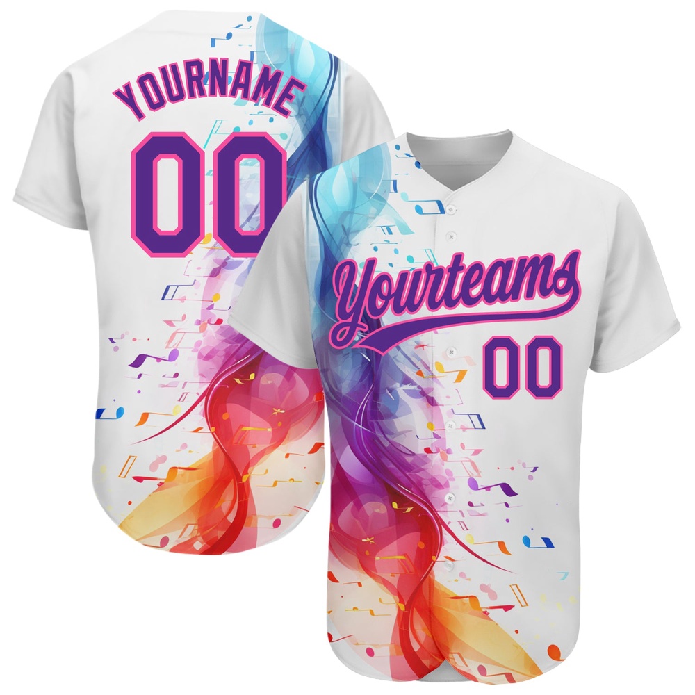 White Purple-Pink 3D Pattern Design Music Festival Colorful Musical Notes Authentic Baseball Jersey, Custom Baseball Jersey