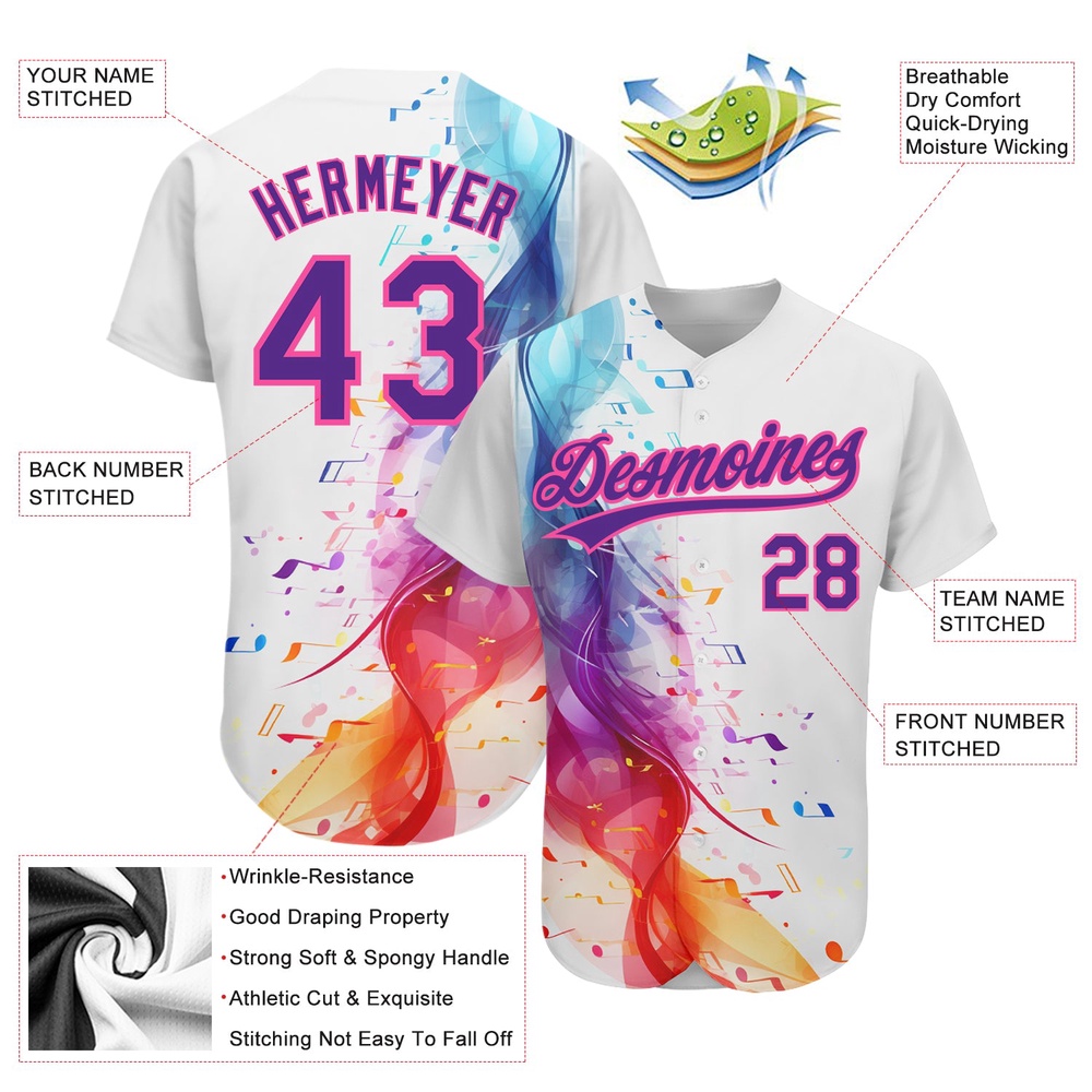 White Purple-Pink 3D Pattern Design Music Festival Colorful Musical Notes Authentic Baseball Jersey, Custom Baseball Jersey