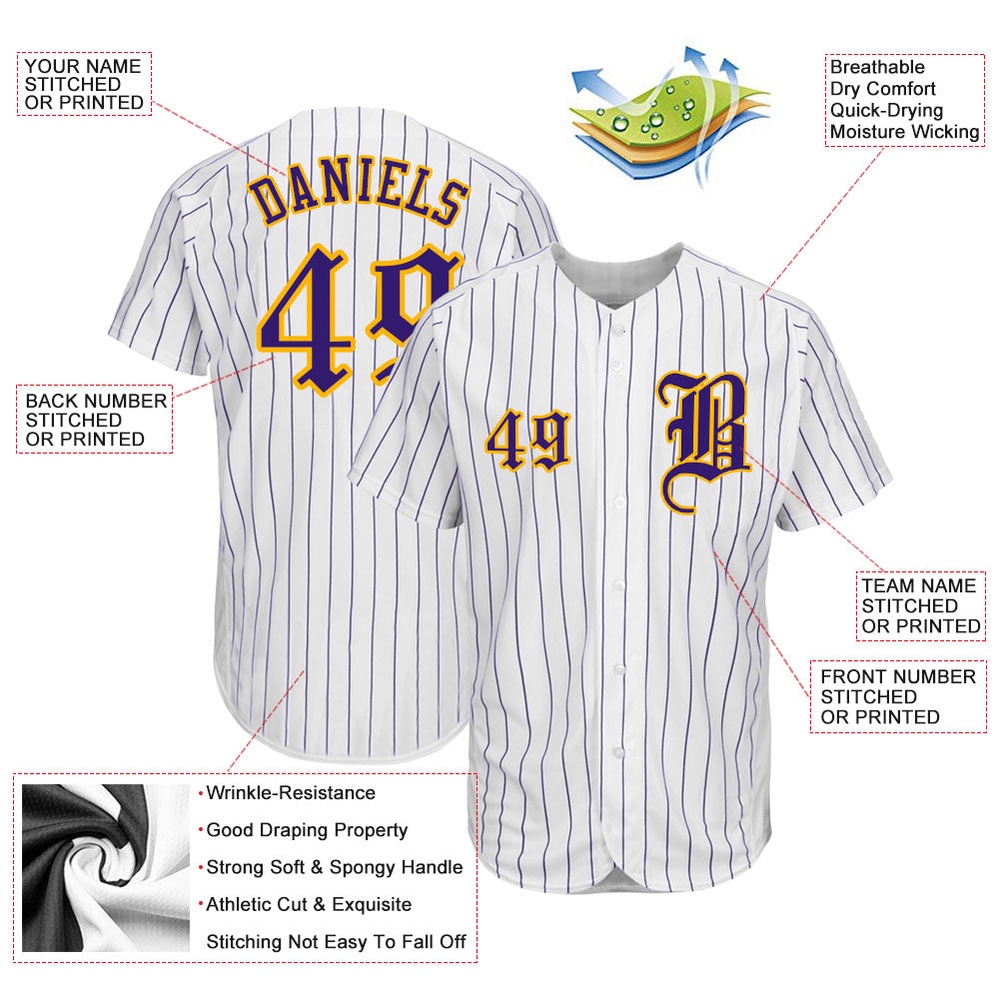 White Purple Pinstripe Purple-Gold Authentic Baseball Jersey, Custom Baseball Jersey, Personalized Sport Jersey