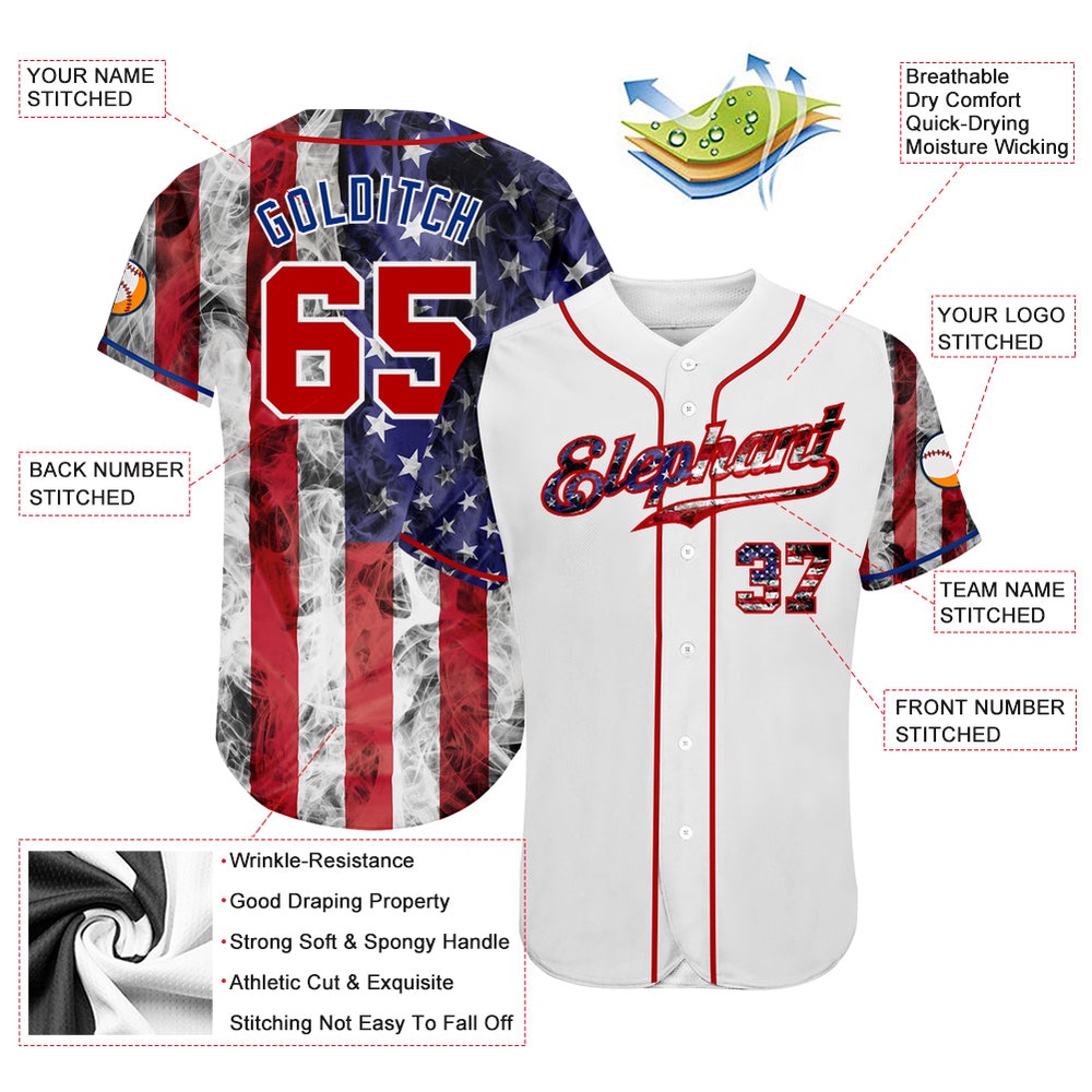 White Red-Royal 3D American Flag Authentic Baseball Jersey, Custom Baseball Jersey, Personalized Sport Jersey