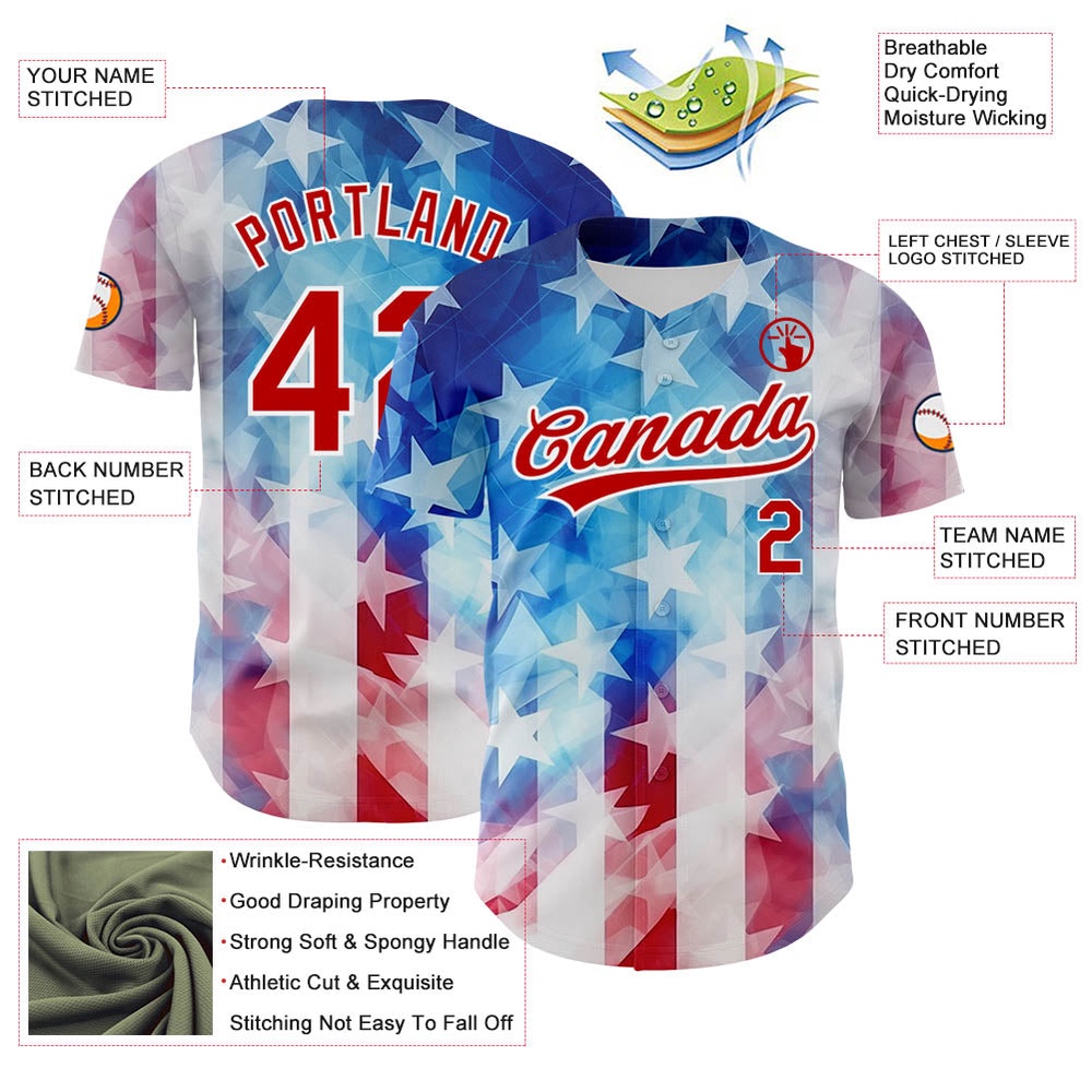 White Red-Royal 3D American Flag Patriotic Authentic Baseball Jersey, Custom Baseball Jersey, Personalized Sport Jersey