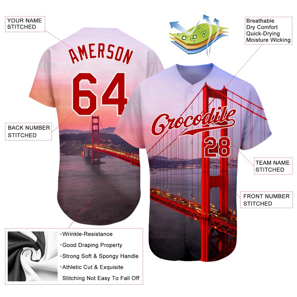 White Red-White 3D Pattern Design Golden Gate Bridge Authentic Baseball Jersey, Custom Baseball Jersey, Personalized Sport Jersey