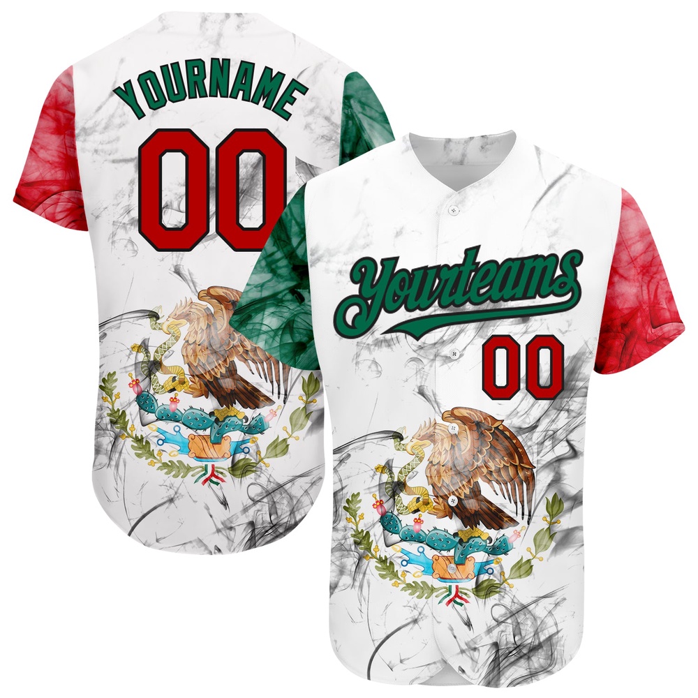 White Red Kelly Green-Black 3D Mexican Flag Authentic Baseball Jersey, Custom Baseball Jersey, Personalized Sport Jersey