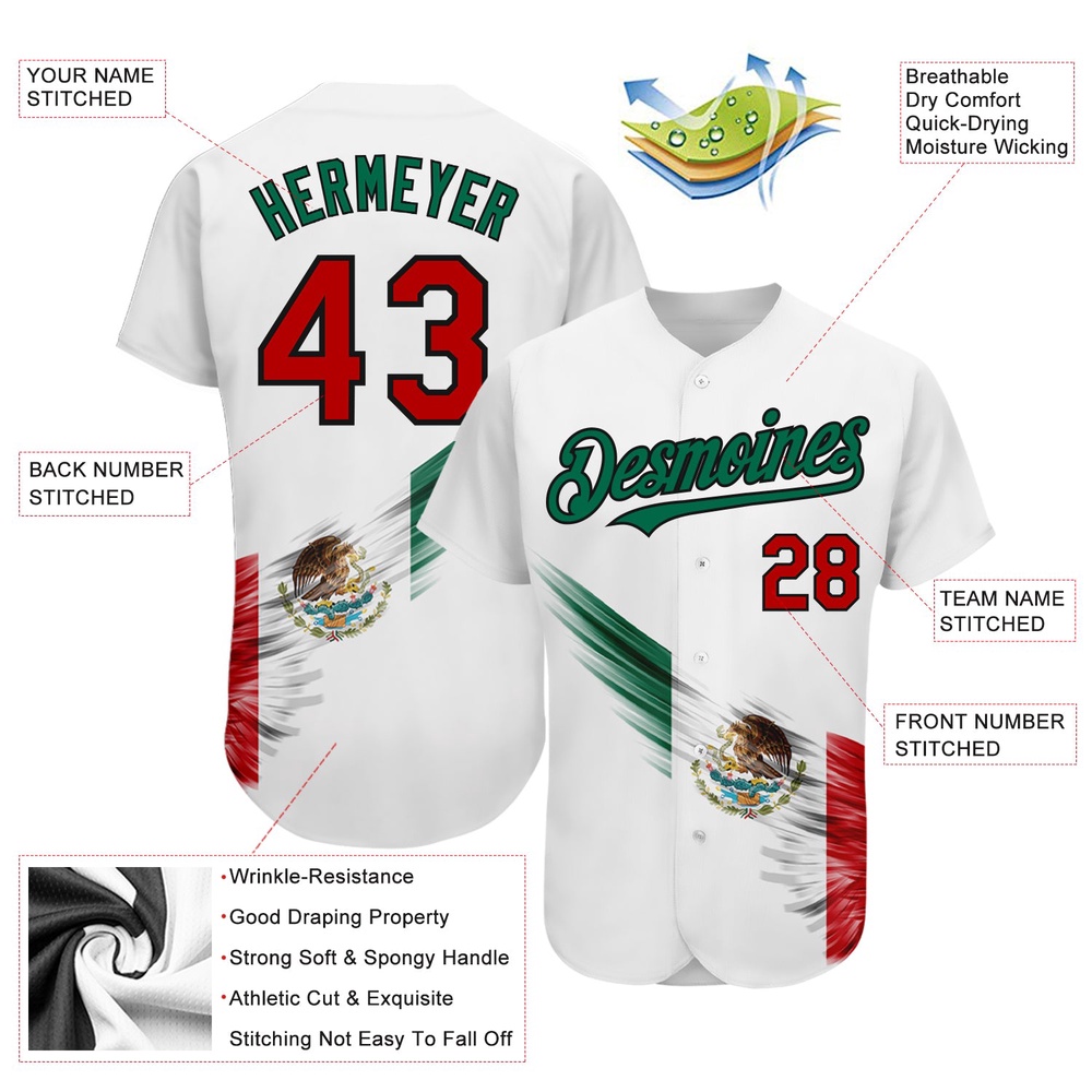 White Red Kelly Green-Black 3D The Abstract Wing With Mexican Flag Authentic Baseball Jersey, Custom Baseball Jersey