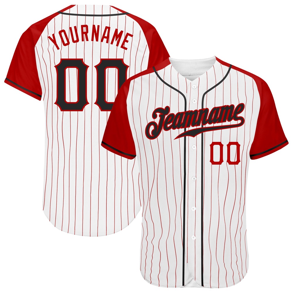 White Red Pinstripe Black-Red Authentic Raglan Sleeves Baseball Jersey, Custom Baseball Jersey, Personalized Sport Jersey