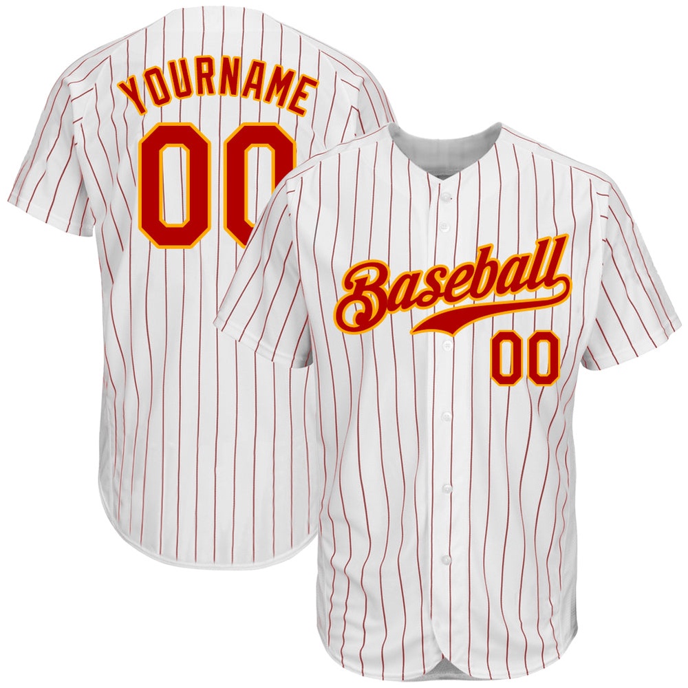 White Red Pinstripe Red-Gold Authentic Baseball Jersey, Custom Baseball Jersey, Personalized Sport Jersey