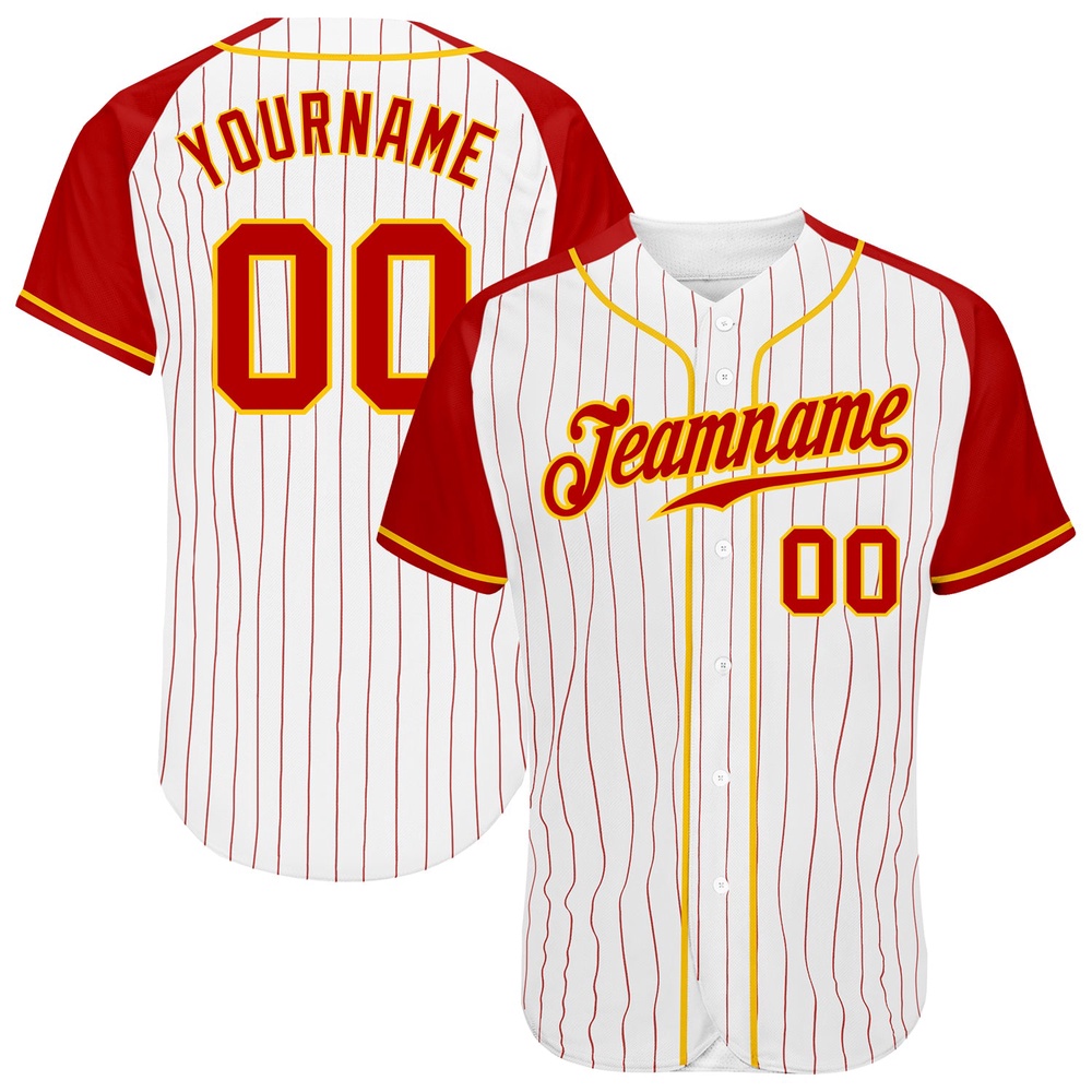 White Red Pinstripe Red-Gold Authentic Raglan Sleeves Baseball Jersey, Custom Baseball Jersey, Personalized Sport Jersey