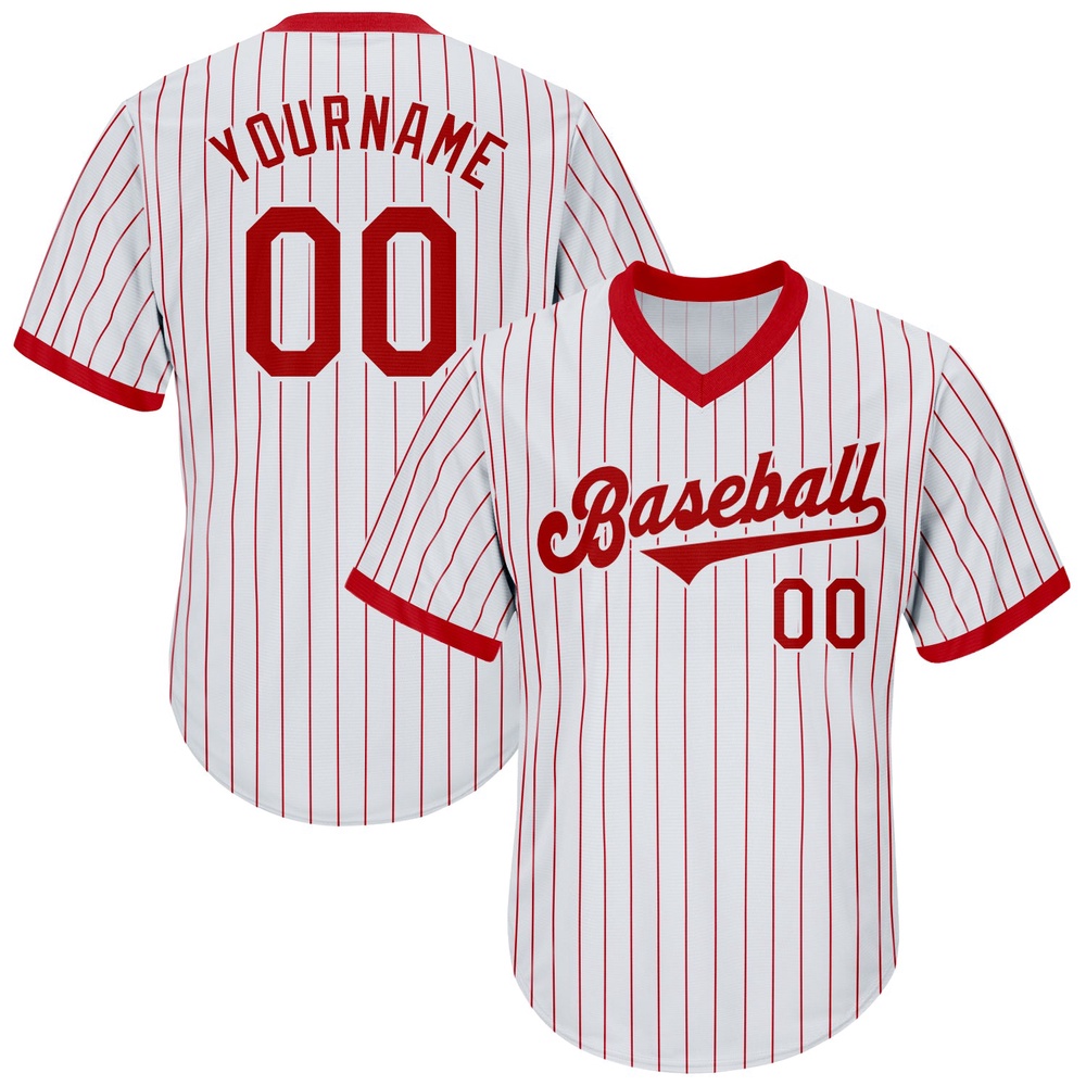 White Red Pinstripe Red-White Authentic Throwback Rib-Knit Baseball Jersey Shirt, Custom Baseball Jersey, Personalized Sport Jersey