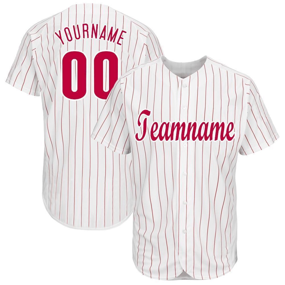 White Red Pinstripe Red-White Baseball Jersey, Custom Baseball Jersey, Personalized Sport Jersey