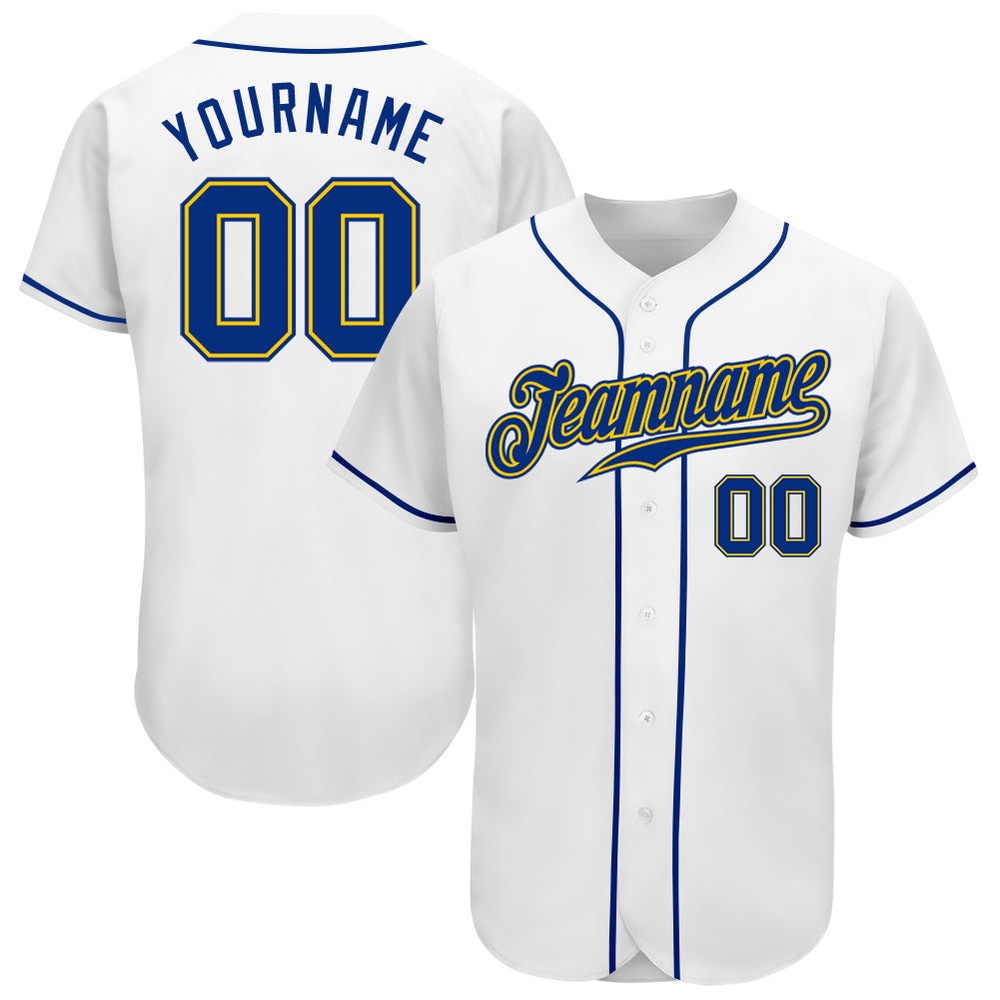 White Royal-Gold Authentic Baseball Jersey, Custom Baseball Jersey, Personalized Sport Jersey