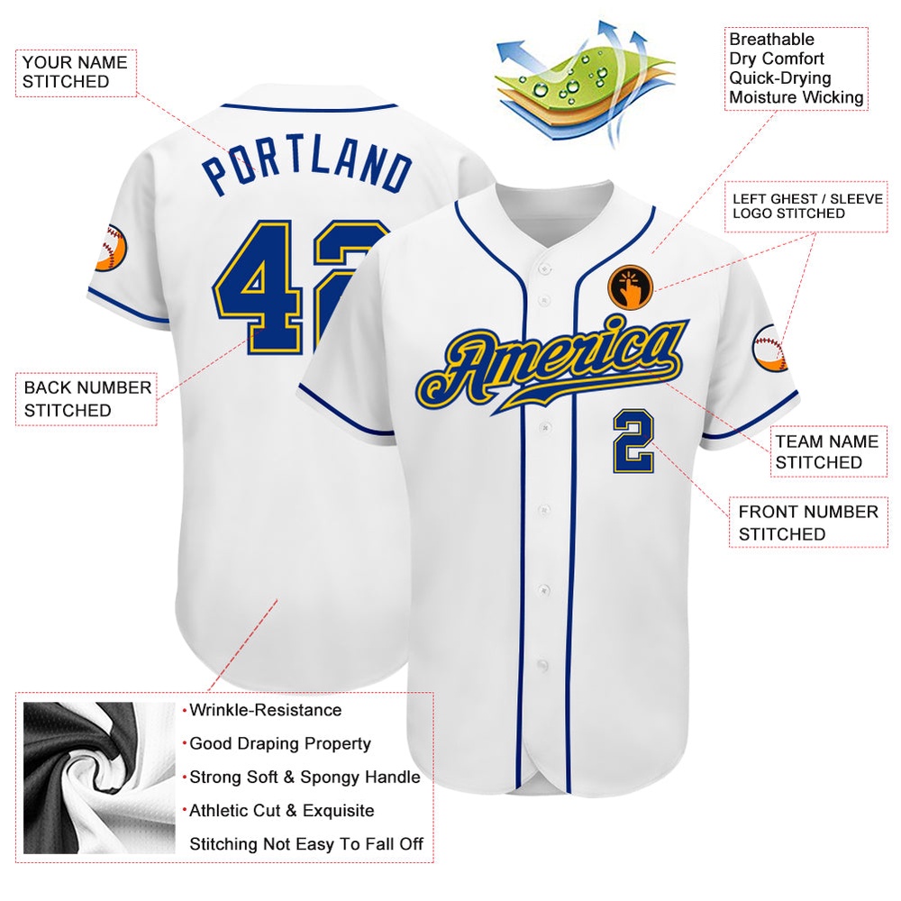 White Royal-Gold Authentic Baseball Jersey, Custom Baseball Jersey, Personalized Sport Jersey