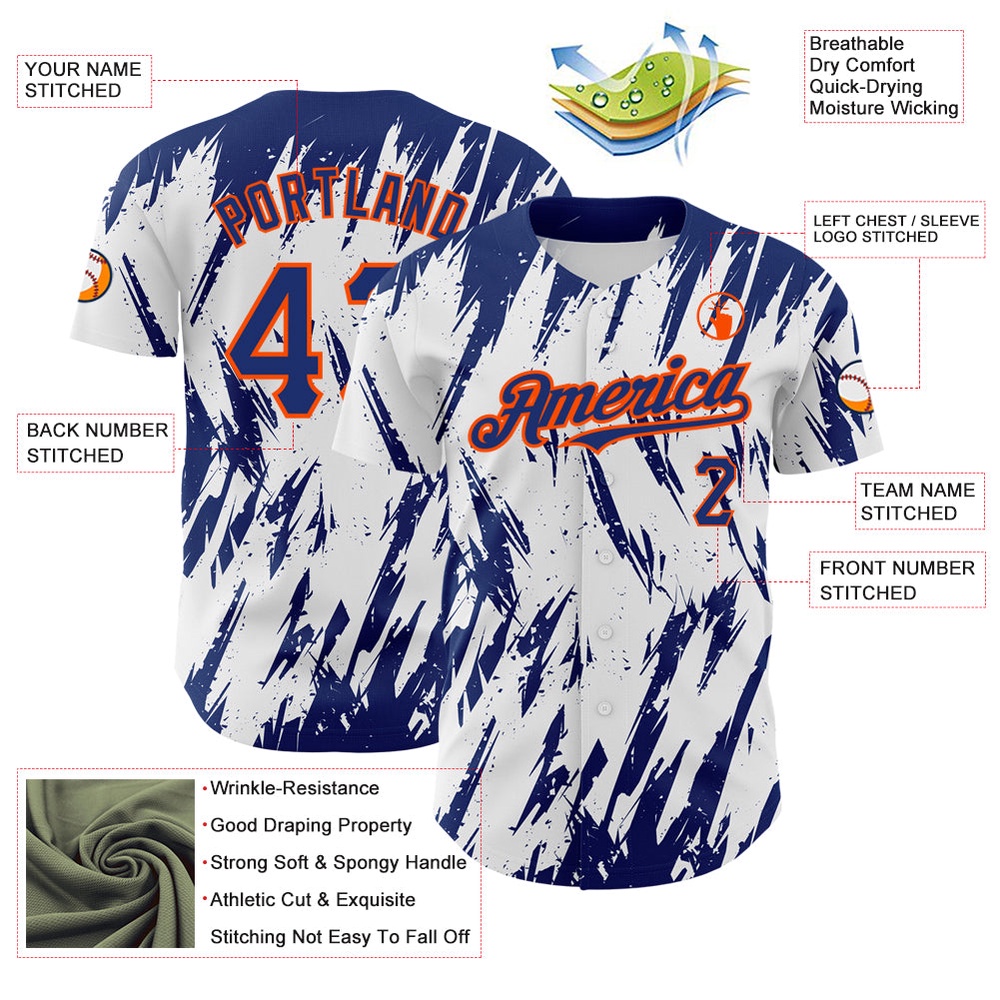 White Royal-Orange 3D Pattern Design Abstract Sharp Shape Authentic Baseball Jersey, Custom Baseball Jersey, Personalized Sport Jersey