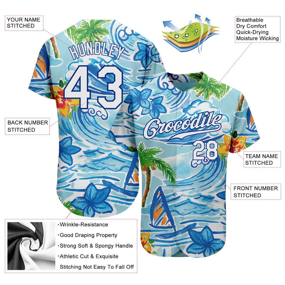 White Royal 3D Pattern Design Beach Hawaii Palm Trees And Flowers Authentic Baseball Jersey, Custom Baseball Jersey