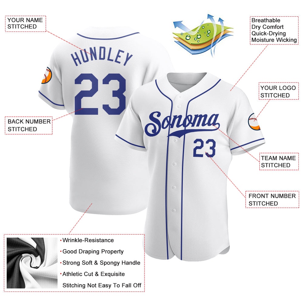 White Royal Authentic Baseball Jersey, Custom Baseball Jersey, Personalized Sport Jersey