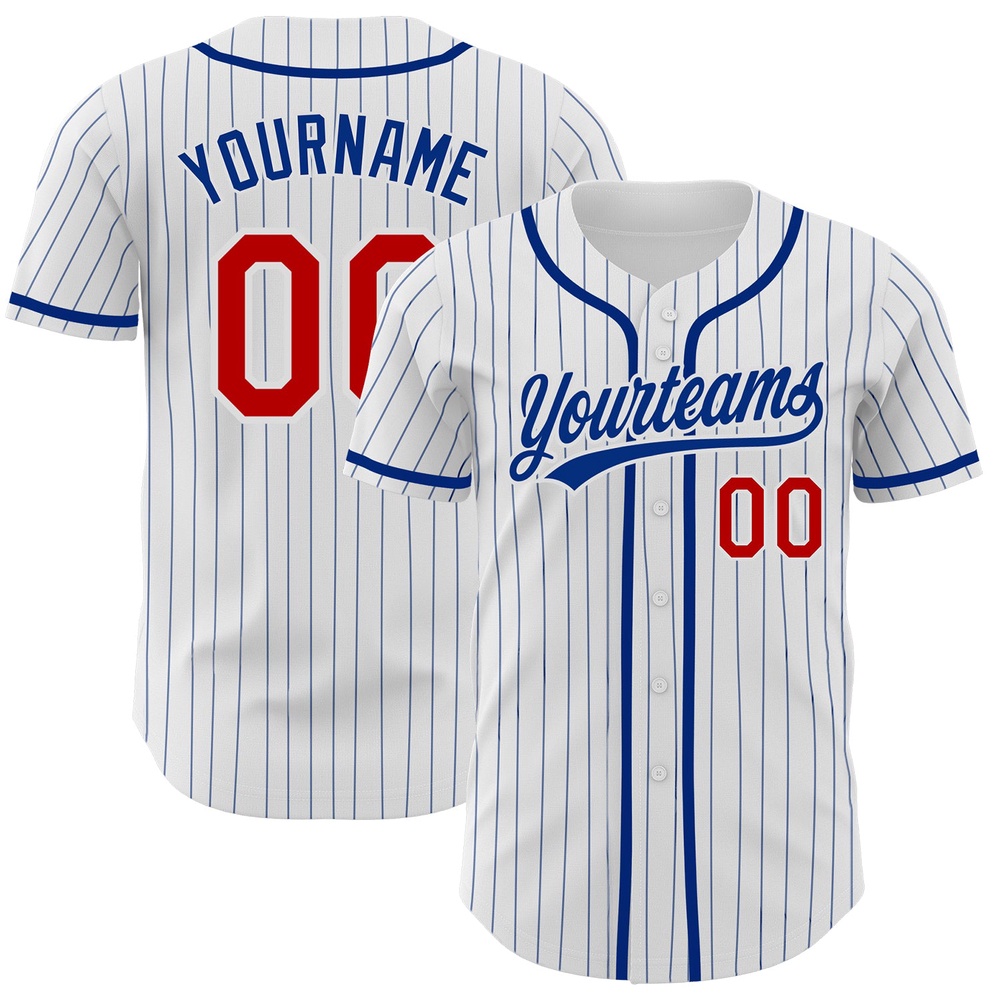 White Royal Pinstripe Red Authentic Baseball Jersey, Custom Baseball Jersey, Personalized Sport Jersey