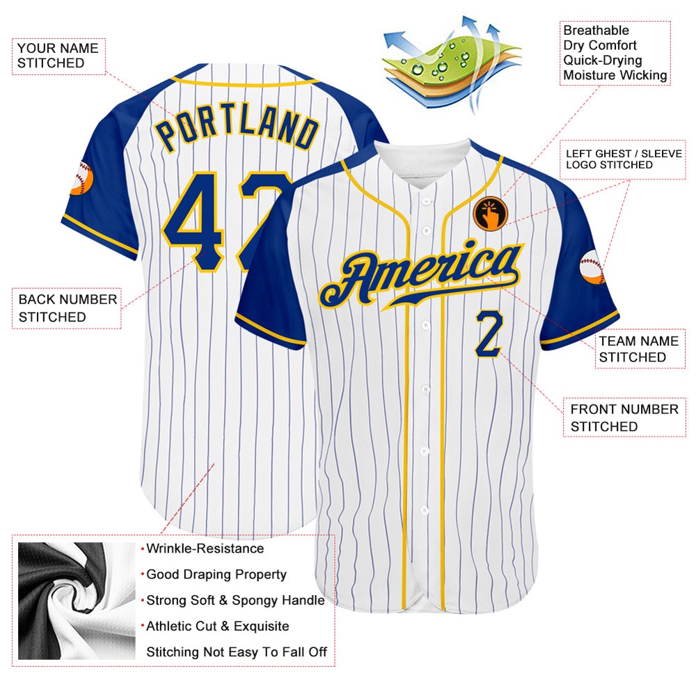 White Royal Pinstripe Royal-Gold Authentic Raglan Sleeves Baseball Jersey, Custom Baseball Jersey, Personalized Sport Jersey