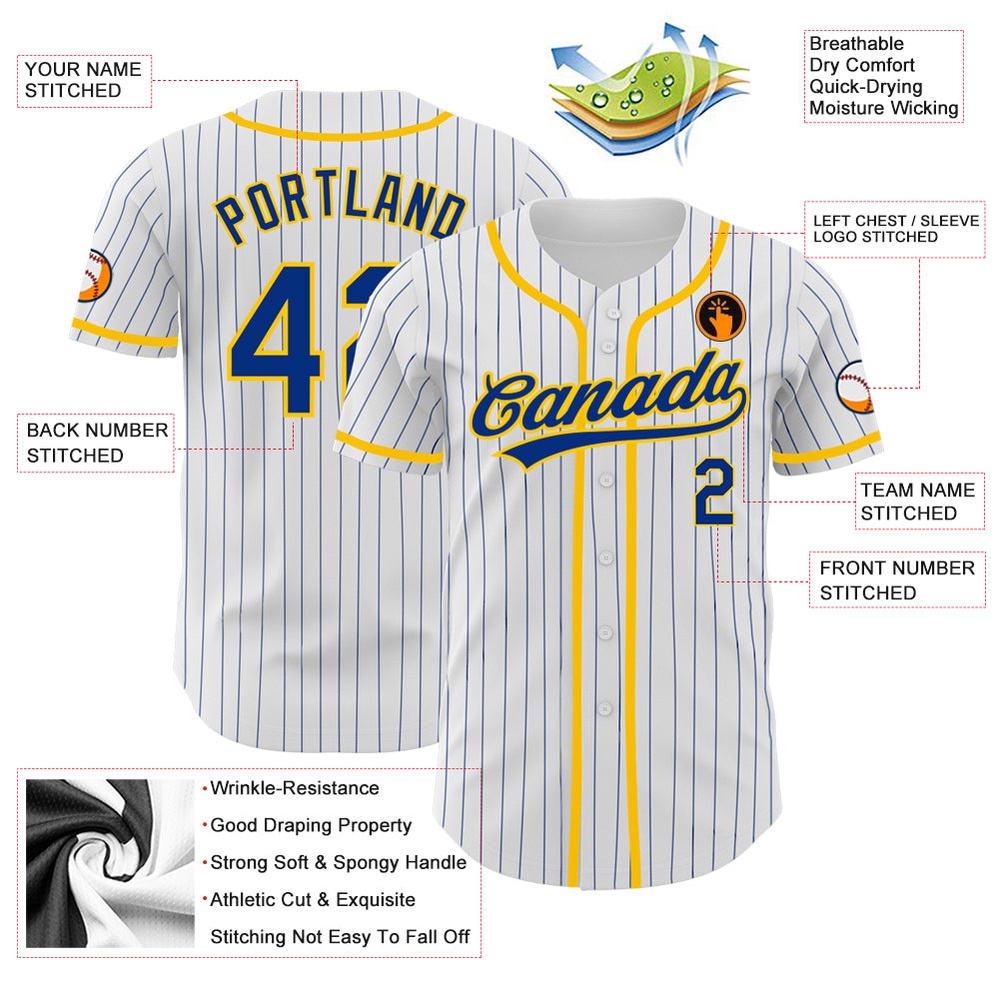 White Royal Pinstripe Royal-Yellow Authentic Baseball Jersey, Custom Baseball Jersey, Personalized Sport Jersey