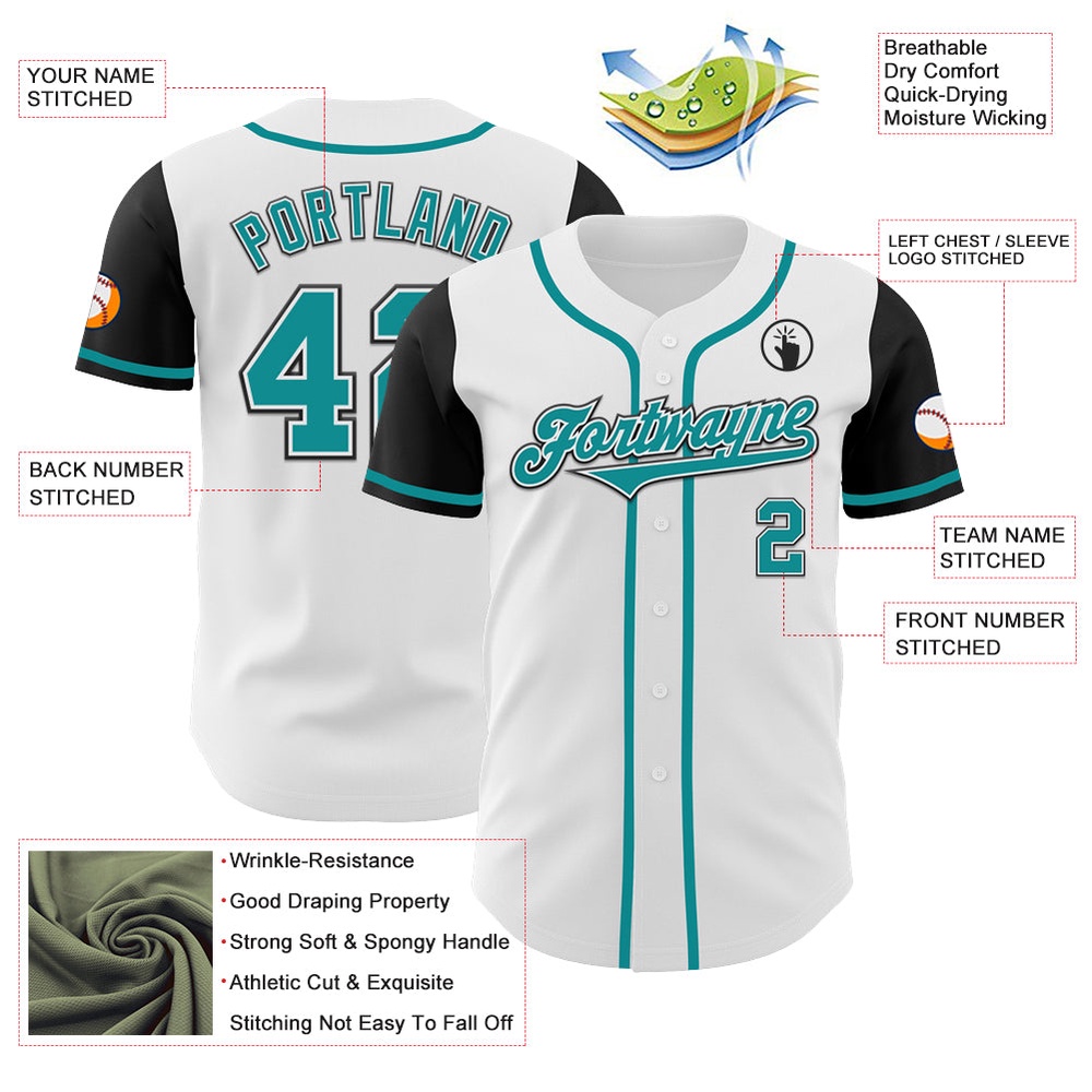 White Teal-Black Authentic Two Tone Baseball Jersey, Custom Baseball Jersey, Personalized Sport Jersey