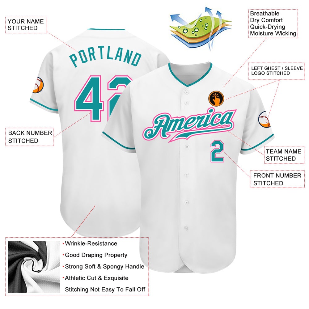 White Teal-Pink Authentic Baseball Jersey, Custom Baseball Jersey, Personalized Sport Jersey