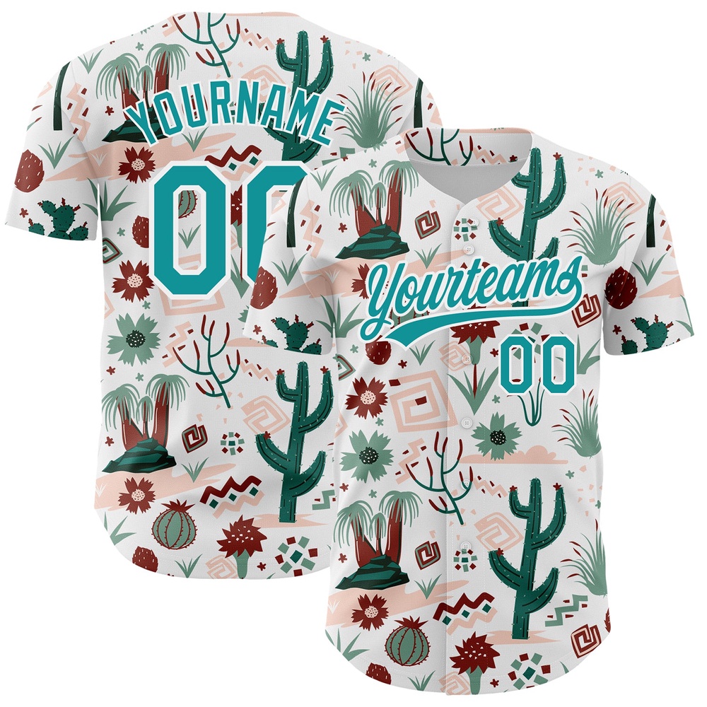 White Teal 3D Pattern Design Cactus Festival Authentic Baseball Jersey, Custom Baseball Jersey, Personalized Sport Jersey