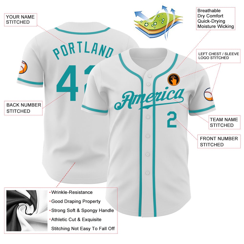 White Teal Authentic Baseball Jersey, Custom Baseball Jersey, Personalized Sport Jersey