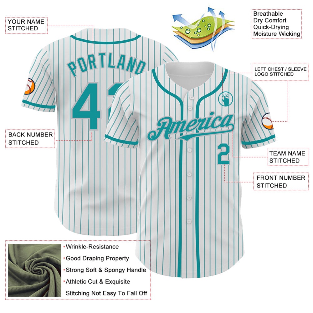 White Teal Pinstripe Gray Authentic Baseball Jersey, Custom Baseball Jersey, Personalized Sport Jersey