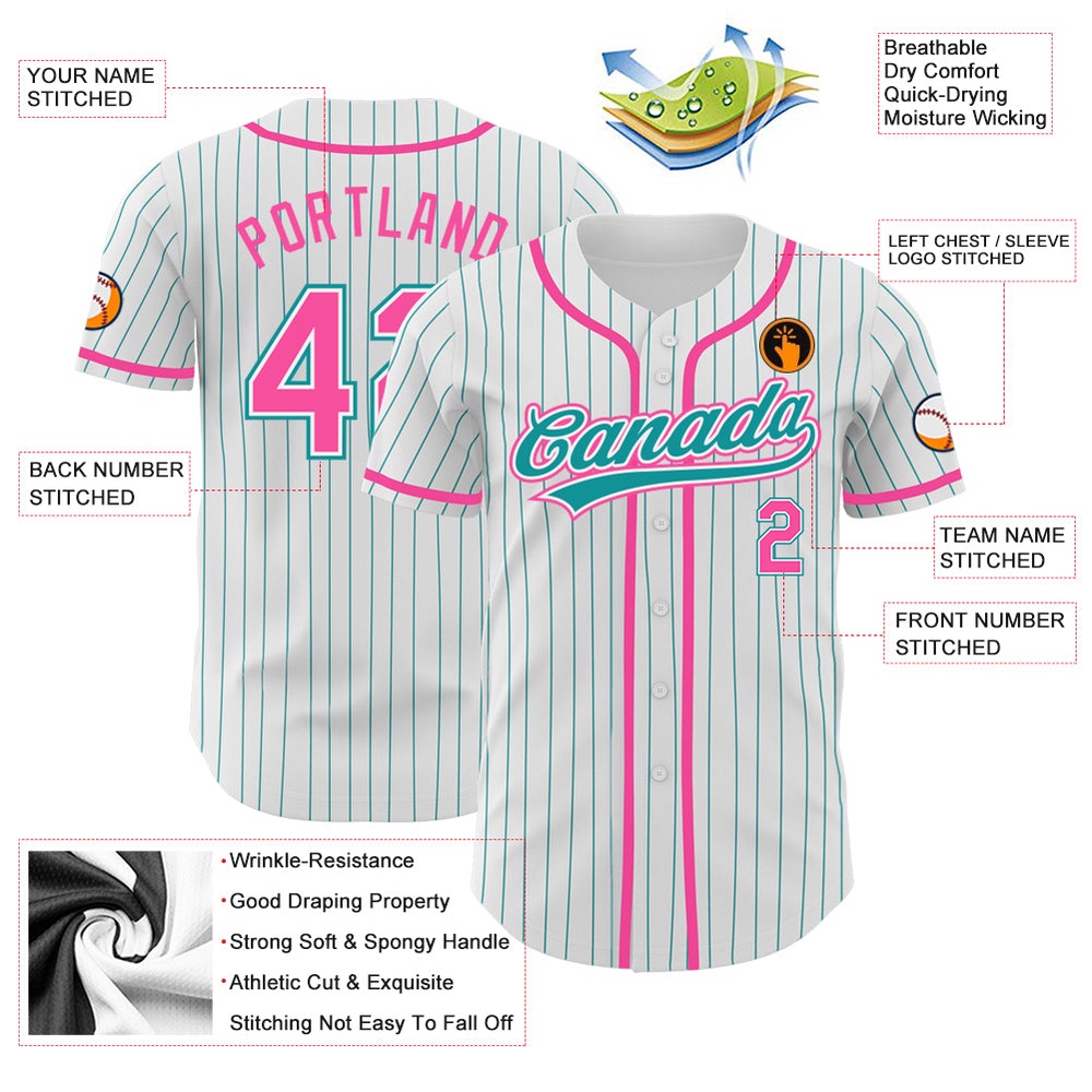 White Teal Pinstripe Pink Authentic Baseball Jersey, Custom Baseball Jersey, Personalized Sport Jersey