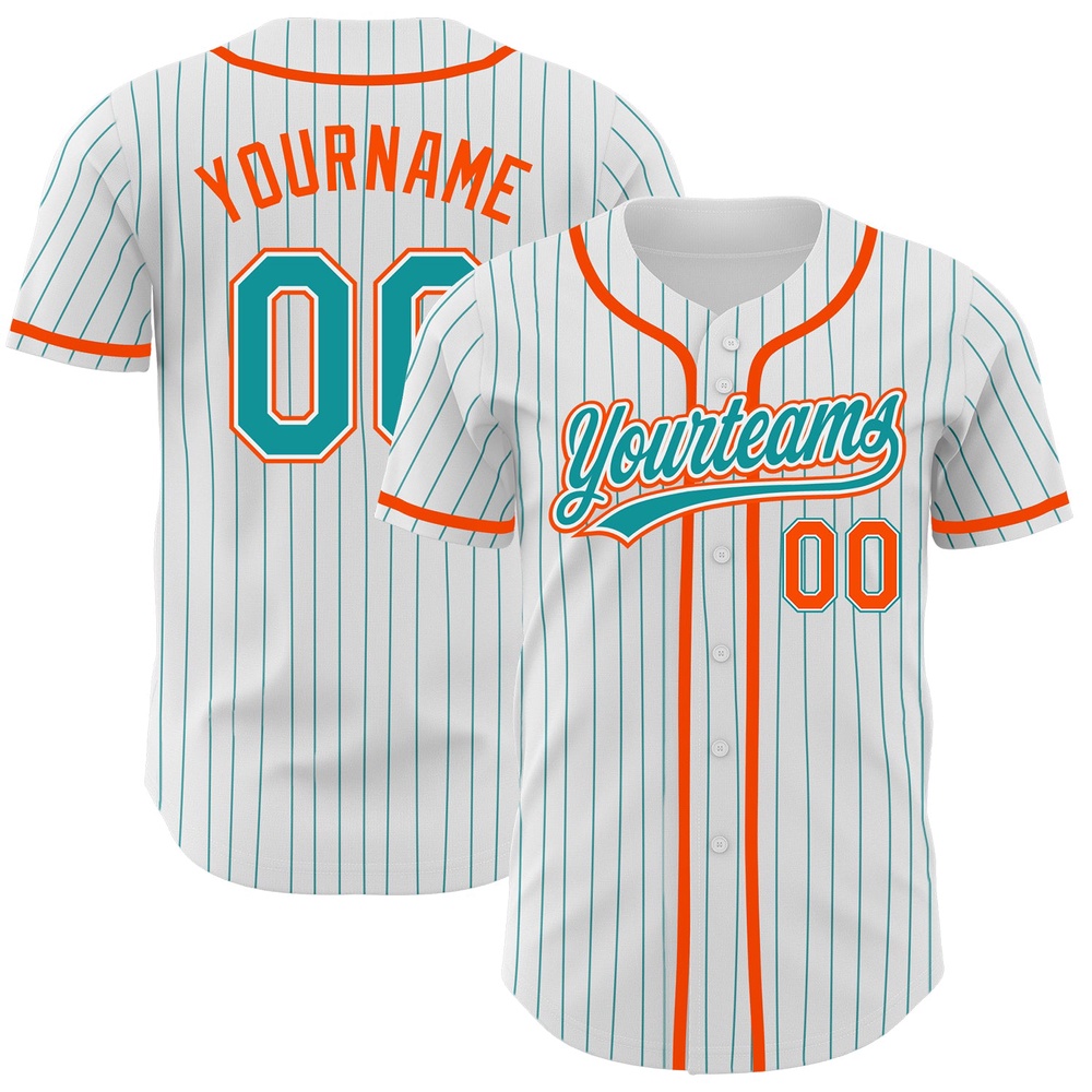 White Teal Pinstripe Teal-Orange Authentic Baseball Jersey, Custom Baseball Jersey, Personalized Sport Jersey