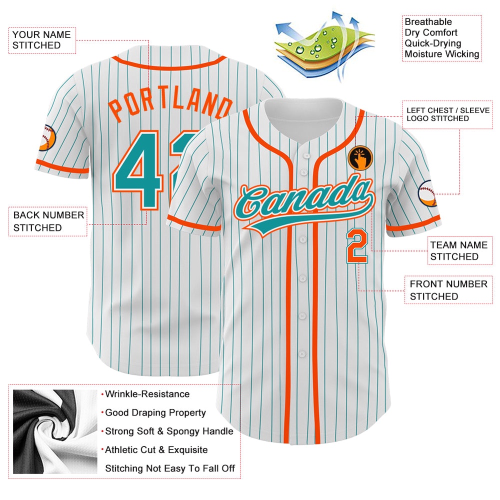 White Teal Pinstripe Teal-Orange Authentic Baseball Jersey, Custom Baseball Jersey, Personalized Sport Jersey