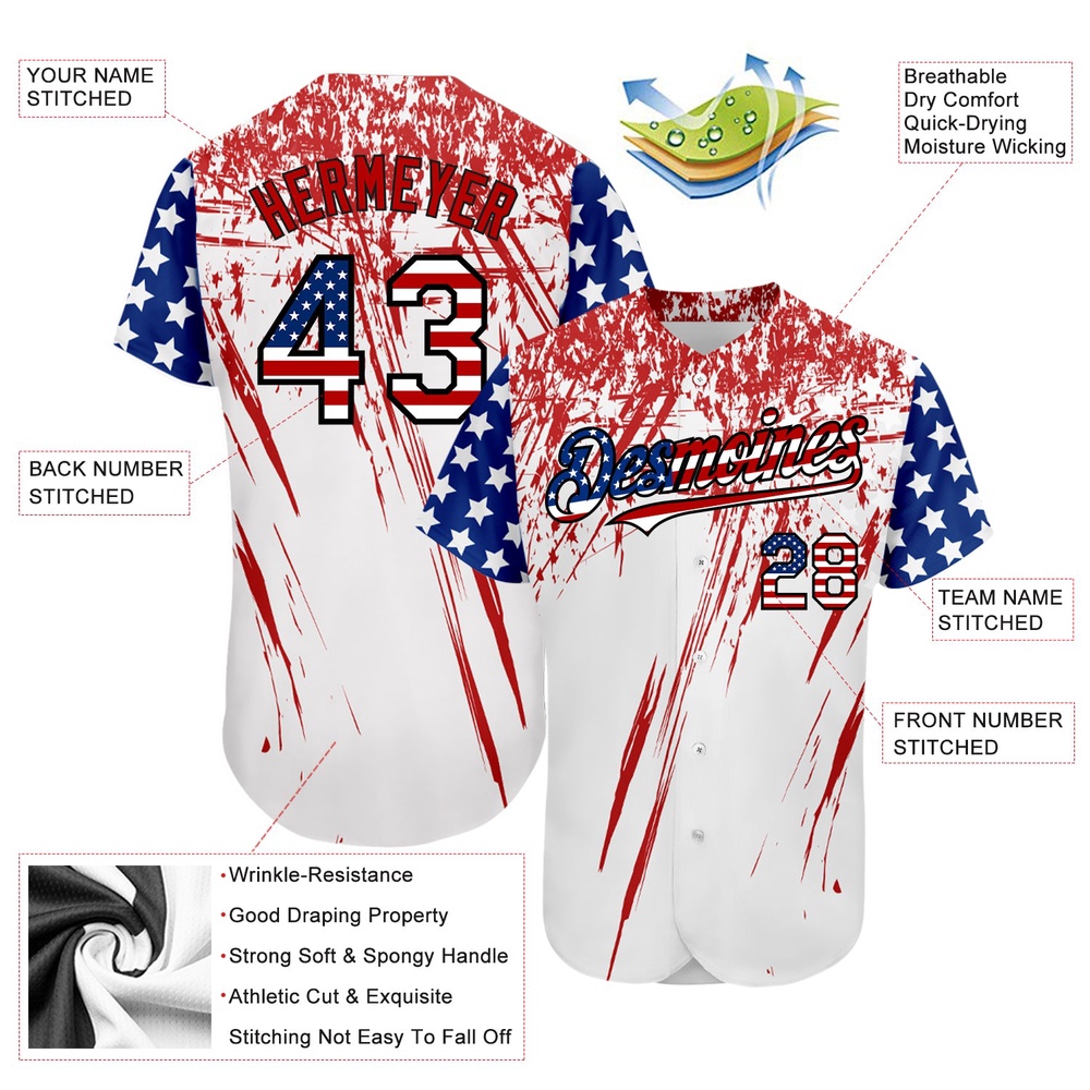 White USA Flag Royal Red-Black 3D Authentic Baseball Jersey, Custom Baseball Jersey, Personalized Sport Jersey