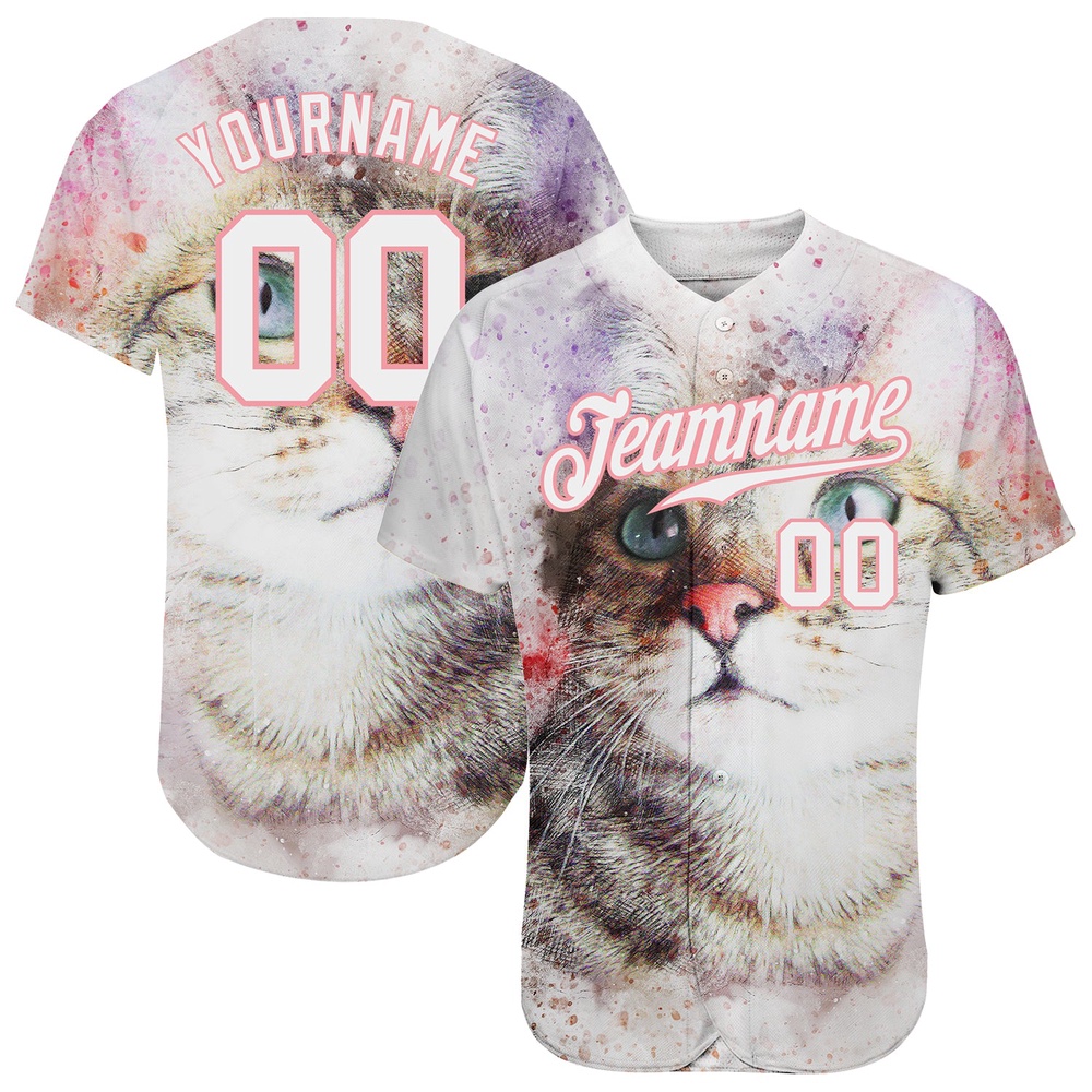 White White-Medium Pink 3D Pattern Design Cat Authentic Baseball Jersey, Custom Baseball Jersey, Personalized Sport Jersey