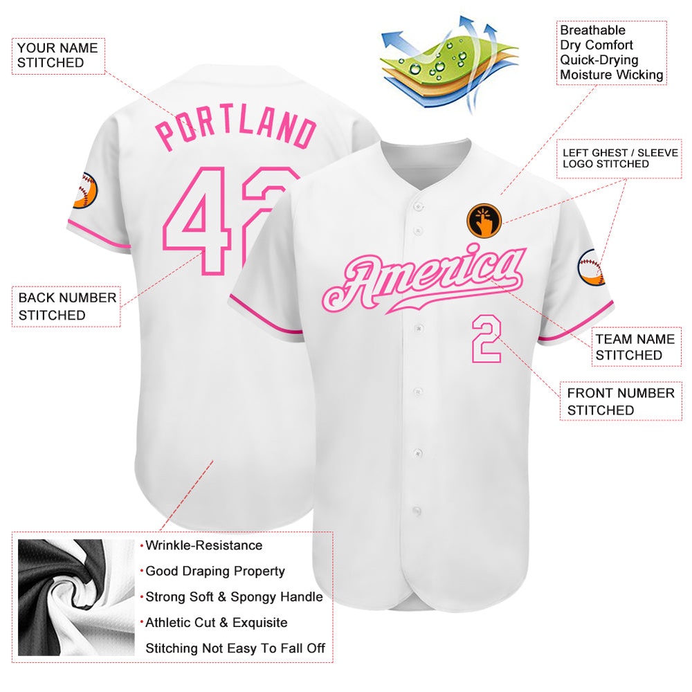 White White-Pink Authentic Baseball Jersey, Custom Baseball Jersey, Personalized Sport Jersey