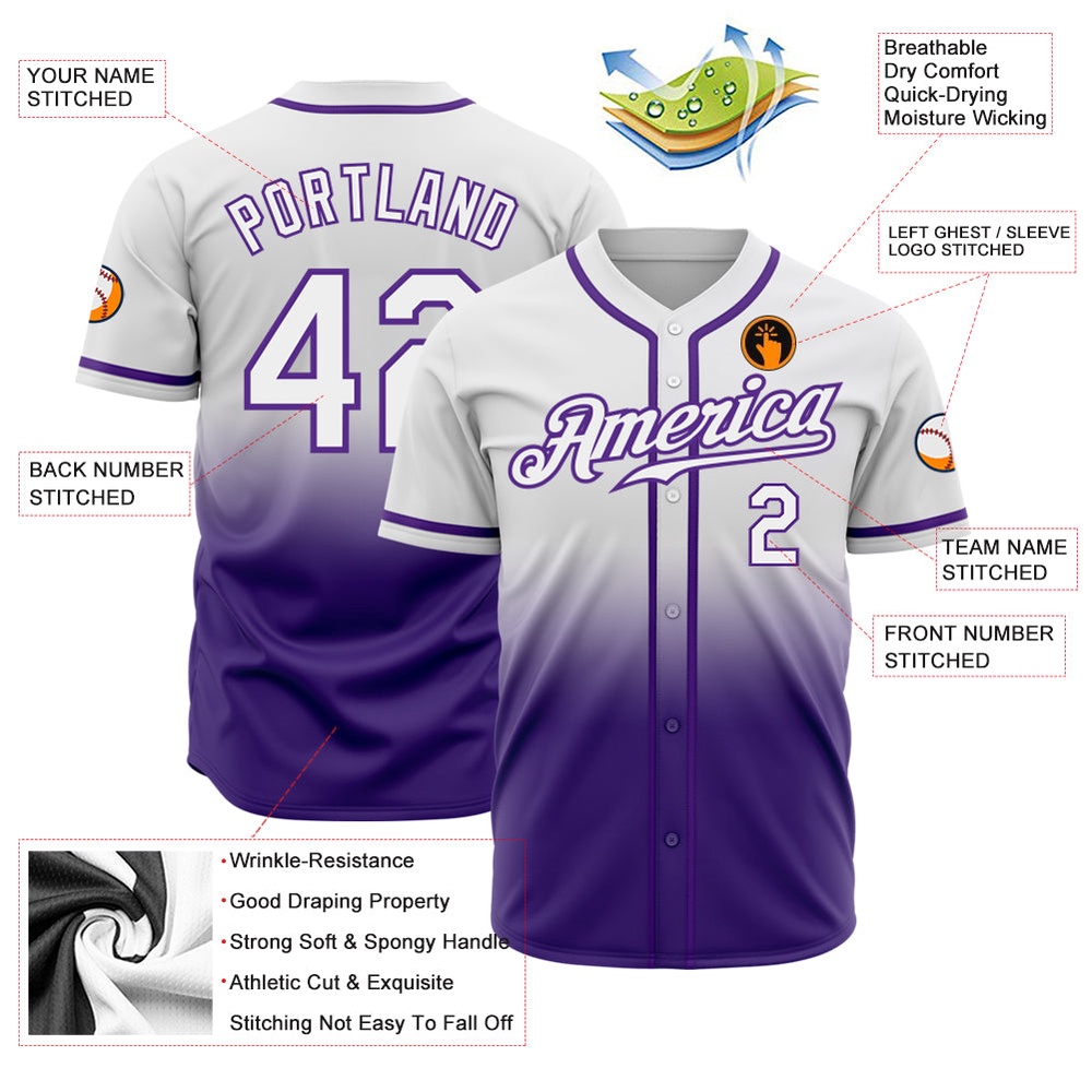 White White-Purple Authentic Fade Fashion Baseball Jersey, Custom Baseball Jersey, Personalized Sport Jersey
