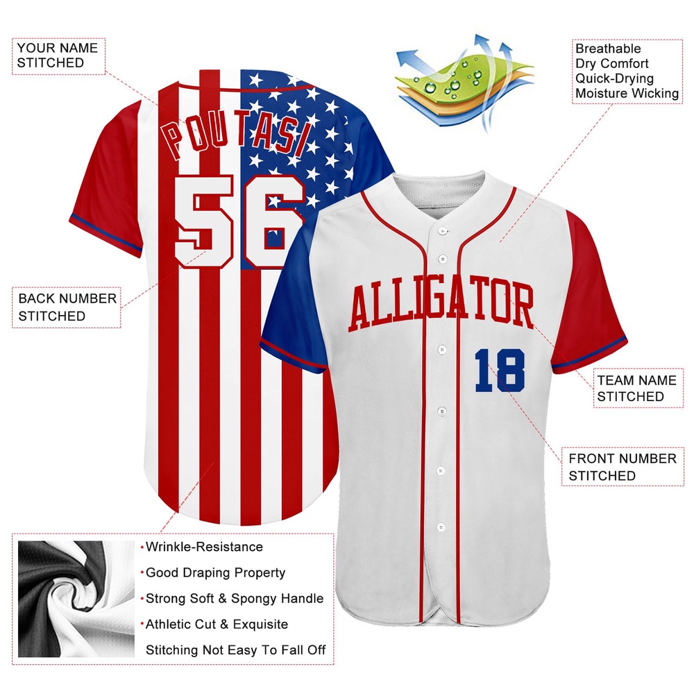 White White-Red 3D American Flag Authentic Baseball Jersey, Custom Baseball Jersey, Personalized Sport Jersey